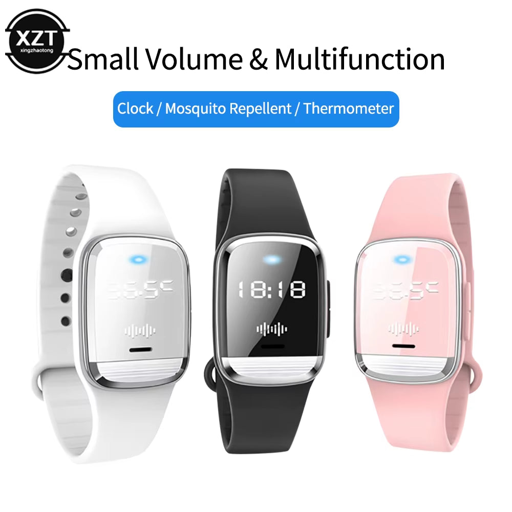 Ultrasonic Mosquitoes Repeller Bracelet Summer Indoor Outdoor Smartband with Clock+Body Temperature Monitoring Function